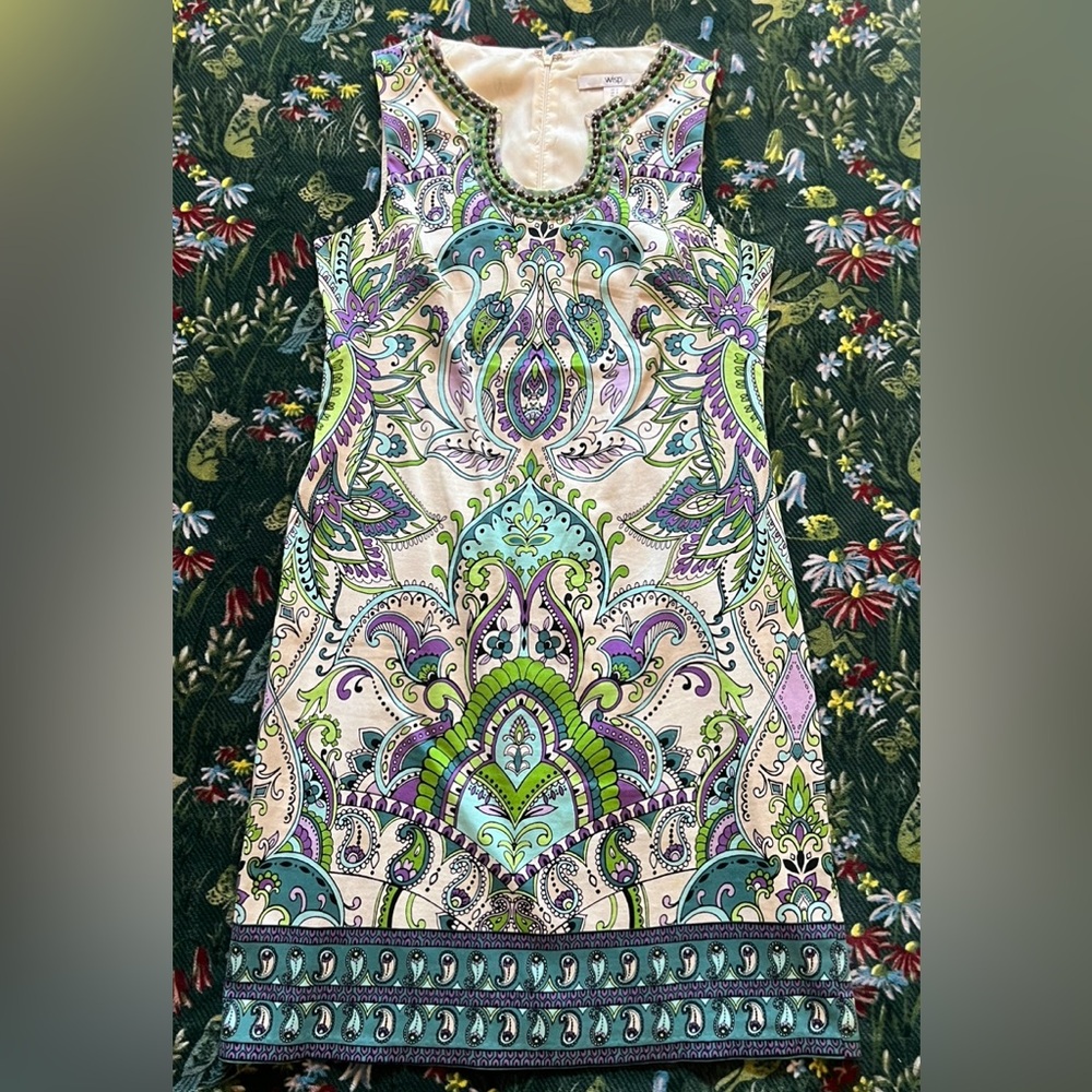 Wisp Retro Artsy Beaded Neckline Mini Dress in Cream with Green & Purple -Size 4